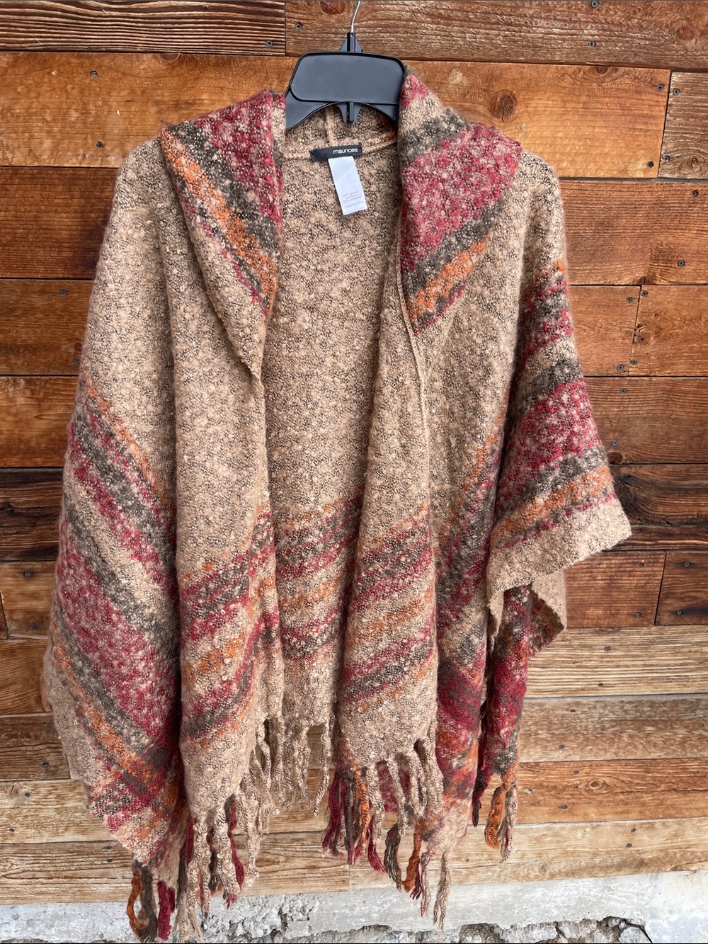 Maurices Women’s Boho Hooded Poncho Cardigan Fringe Southwestern Stripe